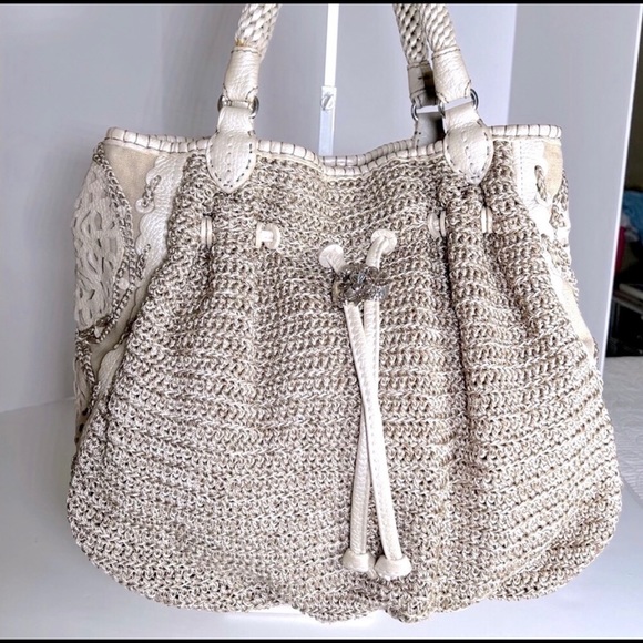 Brighton Handbags - Brighton Rare Large Raffia Masterpiece Collection Flowered Crocheted Han…